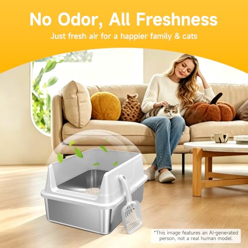 Stainless Steel Cat Litter Box with Scoop,M Metal Pan for Kittens | Metal Litter Box with High Sides & Lid, Open Top Low Entry , Non-Stick Easy Clean ，Kitty Cat Box for Indoor Cats, High Wall