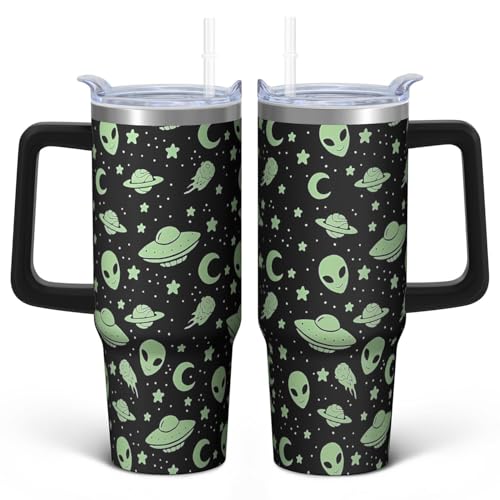 30oz Alien Stainless Steel Tumbler with Handle and Straw, Ufo Lover Insulated Cup Travel Coffee Mug Water Bottle with Lid and Straw, Women Gifts - color: Alien