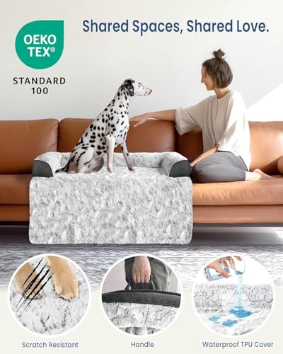 Calming Extra Large Dog Bed for Couch, 45 x 37 inch Removable Couch Cover for Dogs Washable, Non-Slip Fluffy Plush Dog Sofa Mat for Furniture Protector - Grey - color: Grey, size: 45"L x 37"W x 5"Th