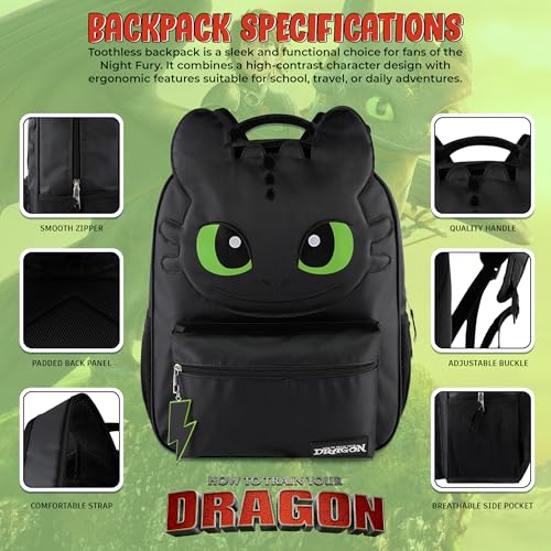 AI ACCESSORY INNOVATIONS How to Train Your Dragon Toothless Backpack, Black 16 Inch School Bag with 3D Face Applique, Green Eyes, Lightning Bolt Keychain, for Boys and Girls - style: Toothless