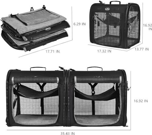 Wakytu 2-in-1 Pet Carrier for Cats & Dog, Travel Carrier for Camping | Extra-large fits 2 cats up to 25lbs each, includes 2 hammocks, carry bag, bowls & stakes. Car seatbelt pass-through
