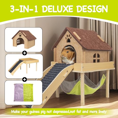 BESNEW 3 in 1 Enlarged Guinea Pig Hammock,Wooden Guinea Pig Hideout with House & Platform & Stairs Small Animal Toys for Hiding Sleeping Activities - color: Brown Roof