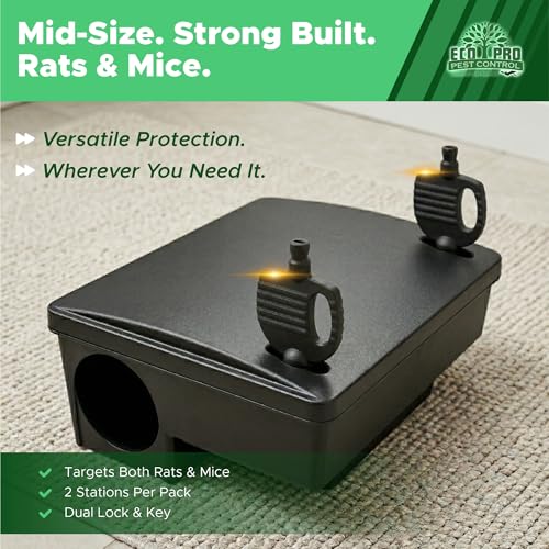 Mouse Bait Station 2 Pack Medium Size, Tamper Resistant Lockable Bait Boxes Indoor Outdoor, High Capacity Mid Size Rodent Bait Box with Key, Reusable Weather Resistant Pest Control - size: 2-Pack Medium