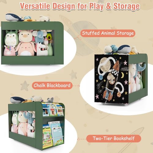 Wooden Kids Bookshelf, Toy Storage with Side Drawing Chalkboard | 3-in-1 Mobile Stuffed Animal Storage Zoo, Rolling Toy Box Container on 4 Wheels for Kids Room Playroom Nursery Bedroom, Green - color: Green