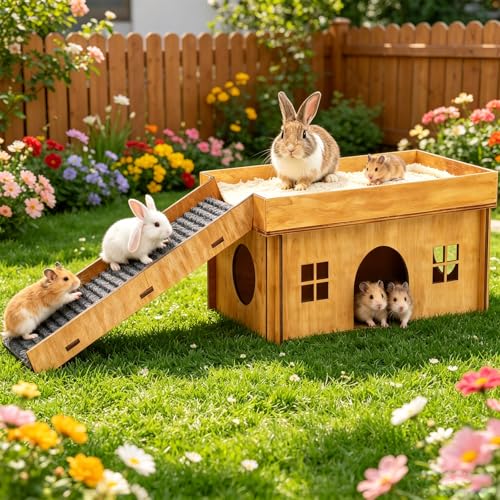 Large Sturdy Bunny House, Guinea Pig Rabbit Hideout Castle | Small Animal House Bed Hut Habitats with Stairs, Sturdy Wooden Guinea Pig Hideout for Hamsters Bunny Chinchillas Hiding - color: Brown
