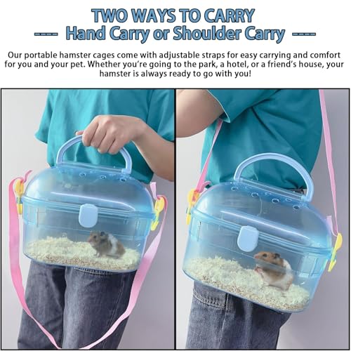 Portable Hamster Cage Syrian Hamster Carry Travel Cage with Water Bottle Food Bowl Adjustable Strap Pet Outgoing Cages for Gerbil Squirrel Guinea Pig Hedgehog Chinchilla - color: Blue | Hamster Carriers