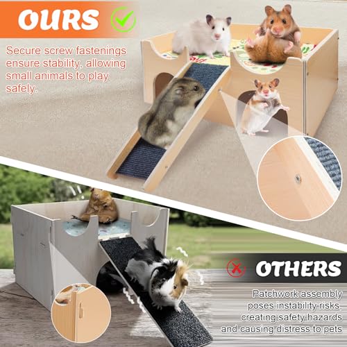Wooden Hamster House Hideout, Natural Wood Small Animal Hut with Stairs, Cute Hamster Cage Accessories Habitat for Hamsters, Guinea Pigs, Chinchillas, Gerbils, Rabbits, and Other Small Pets