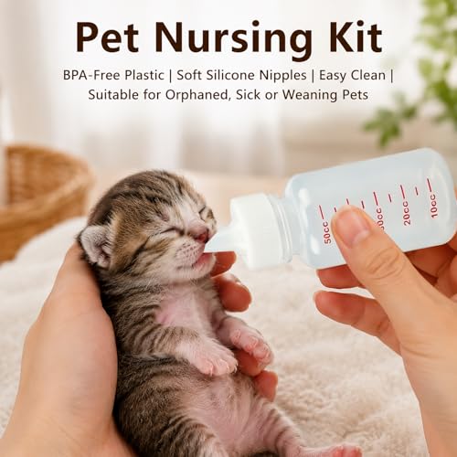 Pet Nursing Kit, 17 Pcs Newborn Kitten Bottle Feeding Kit, with 1/5/10ml Liquid Syringes, Replacement Silicone Nipples & Cleaning Brushes, for Newborn Kittens, Puppies, Rabbits, Small Animals