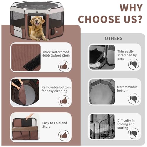 DONORO Dog Playpen Portable Pet Play Pens for Small Dog/Cat/Rabbit/Chicks, Cat Playpen Indoor/Outdoor with Carring Case, Removable Zipper Top and Bottom (Brown, Small (28"x28"x14"), 8) - color: Brown, size: Small (28"x28"x14")