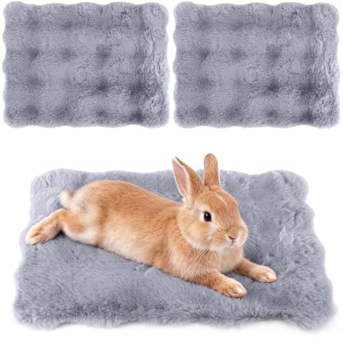 2 Pack Rabbit Mat, Soft Plush Bunny Bedding with Non-Slip Bottom, Washable Fluffy Guinea Pig Cage Liner, Small Pet Sleeping Pads for Hamster, Chinchilla, Gray Blue - color: Grey Blue