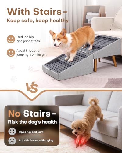 17.13" H Split Ottoman Dog Stairs for Couch and Bed, Dog Ramp for Small Dogs and Cats, Foldable 2 in 1 Pet Steps for Medium Large Dogs and Puppy, Non-Slip Wooden Doggie Steps - size: 17.13" H- Light Grey