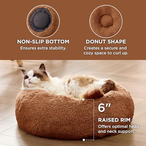 Bedsure Calming Cat Beds Donut Round Washable Kitten Bed,20 inches Copper | Fluffy Faux Fur Cuddler,Machine Washable,Anti-Slip Bottom,Anti-Anxiety,Deep Sleeping for Cats&Small Pets Up to 15 Lbs - color: Copper, size: 20"L x 20"W x 6"Th