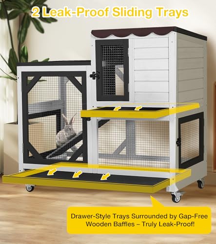 Aivituvin Rabbit Cage Indoor, 2-Story Bunny Cage with Leak-Proof Trays, Chew-Proof Wooden Rabbit Cage on Wheels for Small Pets (39.3" L x 22" W x 36.8" H) - Black and White - color: Black and White