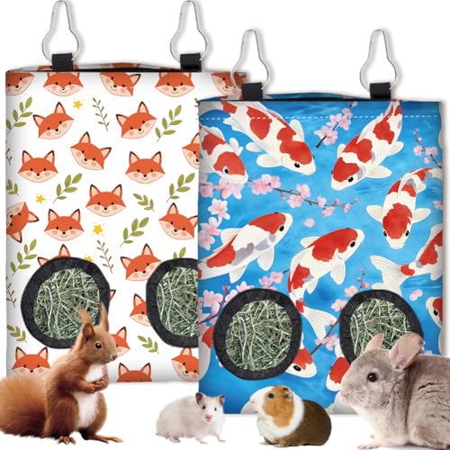2 Styles Rabbit Hay Feeder for Guinea Pigs 11.6 x 9.1 Inch, Hanging Hay Feeder Bag 2 Pack Fox Fish Pattern Cloth Washable Feeding Storage Holder with 2 Holes for Bunny Chinchillas Hamsters - color: Fox