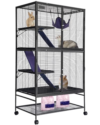 64" Metal Ferret Cage, 4-Tier Small Animal Cage with Removable Ramp, Hammock, Storage Stand & Tray for Chinchilla, Hamster