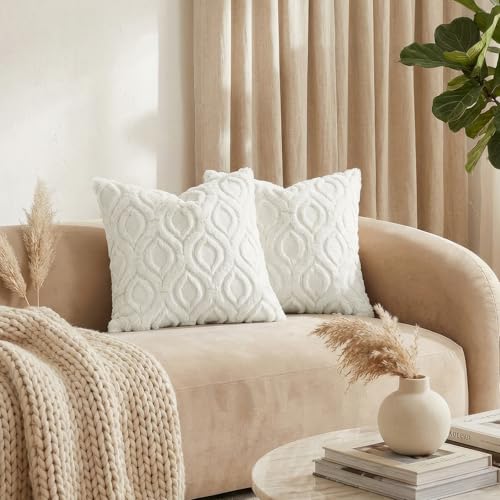 decorUhome Faux Fur Soft Cream White Throw Pillow Covers 16x16 Set of 2 | Plush Solid Fall Couch Pillow Covers, Accent Modern Farmhouse Neutral Decorative Square Pillow Cases for Sofa Bed Living Room - color: Cream White, size: 16" x 16" (Pack of 2)