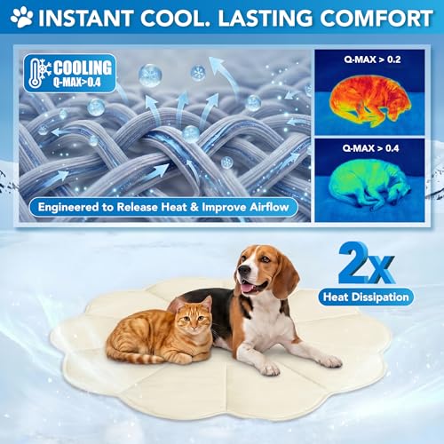 PetAmi Dog Cooling Mat, Flower Shape, Pet Pad with Cooling Nylon & Soft Fleece, Q-Max > 0.4 Reversible All Season Blanket for Dogs & Cats, Small 35x35 in, Beige - color: Beige, size: Small