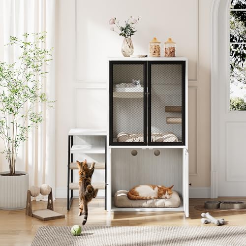 TrailBlaze Litter Box Enclosure with Platform, Double Layer Hidden Furniture, Modern Villa Cat Cabinet with Ladder, Hammock & Metal Mesh Door, Indoor Washroom Cat House-White - color: Retro White