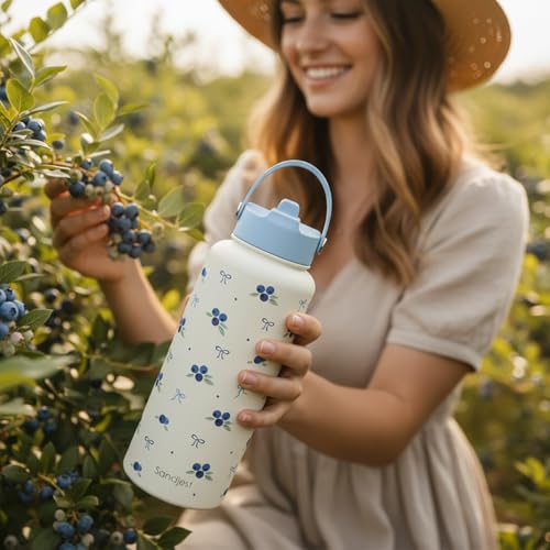Blueberry Water Bottle Stainless Steel 32oz with Lid & Straw, Fruits Aesthetic Insulated Bottles Gifts for Girls Friends Teens Birthday Christmas - color: Blueberry
