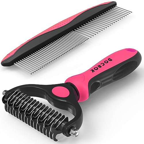 Docrok Pet Grooming Brush and Metal Comb Combo for Dogs & Cats, Pink | Dematting Deshedding Undercoat Rake, Cat Brush Dog Brush Shedding Tool for Long Matted Haired Pets - color: Pink