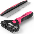 Docrok Pet Grooming Brush and Metal Comb Combo for Dogs & Cats, Pink | Dematting Deshedding Undercoat Rake, Cat Brush Dog Brush Shedding Tool for Long Matted Haired Pets - color: Pink