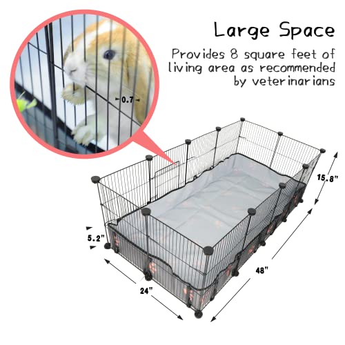 CHEGRON Guinea Pig Cages 8 Sq Ft Expandable C&C Cage Habitats for 2 Small Animal Pet Playpen Metal Grids Indoor Rabbit Fence Hedgehog Cage with PVC Bottom, 48 x 24 x 15.7 inch, 12 Panels - color: Grey-with Rope Liner