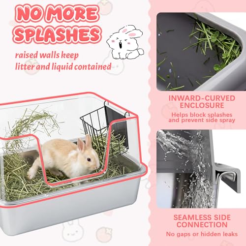Zonon Extra Large Rabbit Litter Box, 23.6" L x 15.7" W x 12.4" H Stainless Steel Rabbit Litter Box with Lid, Hay Feeder with Hooks, Footed Metal Grid, Easy to Clean for Medium and Large Rabbits