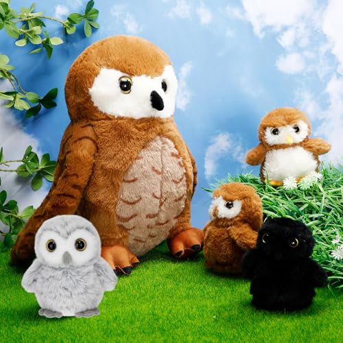 Hollowfly 5 Pcs Owls Plush Toy Gift Set 13.4" Mommy Barn Owls with 4 Cute Babies Stuffed Animal in Zippered Back Nurturing Plushies Toy Set for Kid Adults Birthday Party Favors Gifts - style: Barn Owls