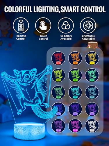 Sugar Glider 3D Night Light for Kids, LED 16 Colors Remote Control Changing Touch Dimmable Table Desk Lamp, Cute Animal Gifts forSugar Glider Lovers Animal Fans - color: Color E