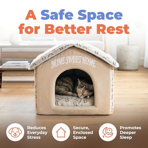Best Pet Supplies Cat Bed for Indoor Cat, Domed Tent House with Removable Pillow, Covered Cat Cave for Small Dog, Puppies and All Breeds of Cats - Light Brown w/ Bones, 16 x 16 x H:14" - color: Light Brown w/ Bones, size: 16" x 16" x H:14"