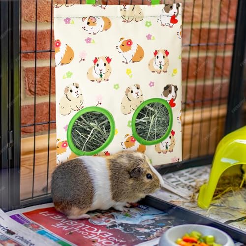 JarThenaAMCS 2 Pcs Guinea Pig Hay Feeder Bag with 2 Holes Hanging Hay Feeding Bag Beige Flower Floral Storage Dispenser for Chinchilla Hamster Bunny Small Animal Pet, 11.5 x 9 Inch