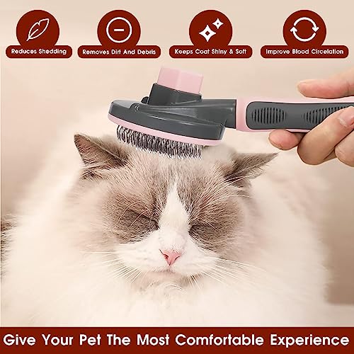 Pet Hair Brush, Cat Brush Self Cleaning Slicker Brush, Dog Brush for Shedding and Grooming, Pet Brush for Short and Long Haired Dogs Cats Rabbits, Removes Loose Undercoat & Tangled Hair (Pink)