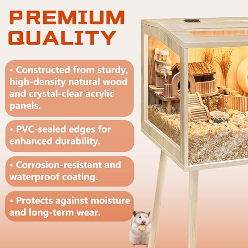 PROLEE Hamster Cage Wooden Chew Proof, Extra Large Mice and Rat Habitat Openable Top with Acrylic Sheets Solid Built Small Animal Cage with Leg Stands, 32 Inch Long - size: 32.0"L x 16.0"W x 40.0"H
