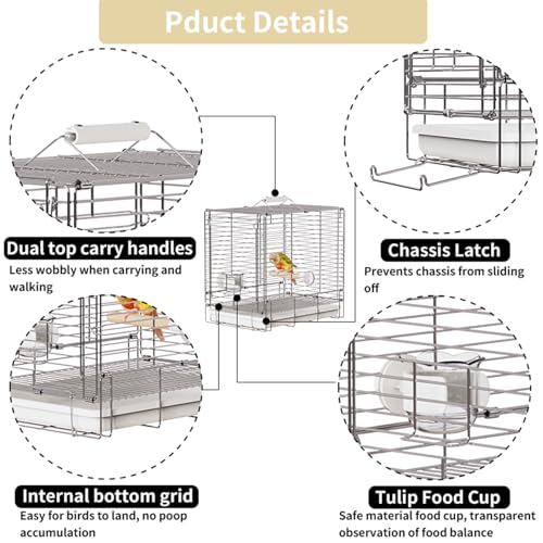 Bird Carrier Travel Cage - 304 Stainless Steel Portable Folding Bird Travel Cage with Parrot Feeder Cups & Standing Perch for Smaller Birds Conures Lovebird Cockatiel Parakeets (White) | 304 Stainless Steel, Portable Folding, Parrot Feeder Cups & Standing
