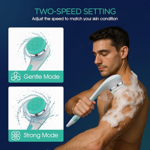 VOYOR Electric Silicone Body Scrubber, Back Brush for Shower Rechargeable | Waterproof Long Handle Body Brush, Power Bath Brush for Cleansing, Exfoliating, Massaging Skin Back Scrubber BC100, Blue - color: Blue