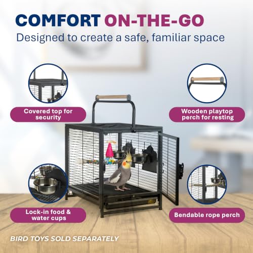 Prevue Pet Products Playtop Travel Carrier - Outdoor Travel Bird Cage for Small Parrots & Birds, Front Facing Door, Rope Perch, Lightweight & Portable, Easy Transport - Black