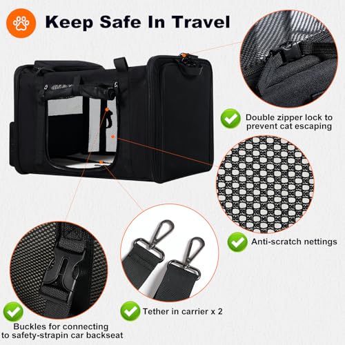 pidipiti 25x17x17 Extra-Large Expandable cat Carrier for car Road Travel | for 1 Extra-Large cat/2 Large /3 Medium Cats up to 35 lbs,large cage kennel for long road trip,zipper lock,good Visibility - size: 25.5"L x 17"W x 17"H