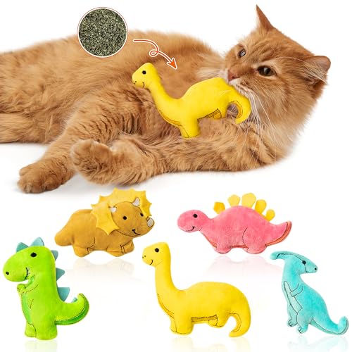 MALLMALL6 5Pcs Dinosaur Catnip Toys for Cat, Indoor Cat Chew Bite Kick Catmint Pet Supplies for Kitten Lover Gifts, Interactive Pet Toy with Cute Expression - style: Dinosaur