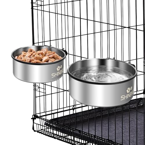 Water Bowl for Dog Crate, ShineMe 34oz & 25oz Stainless Steel Dogs Bowls, Dog Food and Water Bowl Set Mountable in Crate Kennel Cage, 2 Pack, Silver (6.2x2.6” & 5.5x2.4”) - color: Silver, size: M (34oz+25oz)