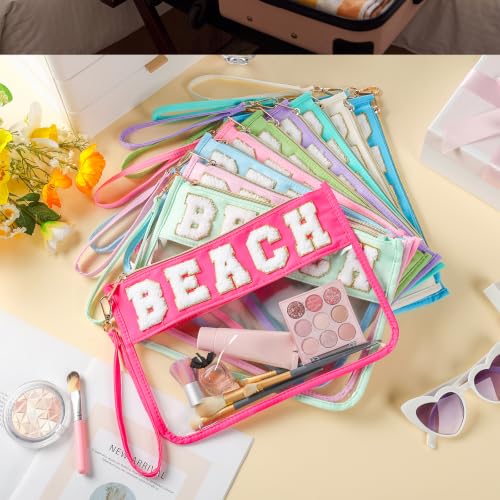 Kacctyen 20 Pcs Chenille Letter Beach Bags Cheerleader Clear Makeup Bags Snacks Pouch Bulk Preppy Patch Cosmetic Pouch with Wrist Strap Zipper for Travel Team Cheerleaders (Classic Color) - color: Classic Colo