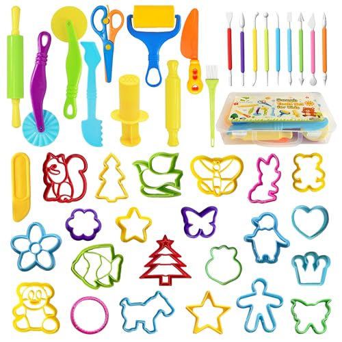 Kleeblatt Dough Tools Set for Kids - 42 Pcs Playdough Kit | 23 animal molds, 9 Basic Dough Tools, 9 Double-Headed Clay Carving Tools, 1 Cleaning Brush, Exquisite Box - color: KT-DoughTools-7