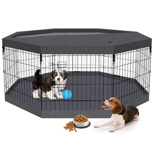 Peekaboo Dog Playpen 24" H 8-Panel with Top Cover & Bottom Pad, Black | 24 Inch 8 Panel Foldable Rustproof Metal Dog Playpen with Top Cover and Waterproof Bottom Pad - style: Playpen + top and bottom cover