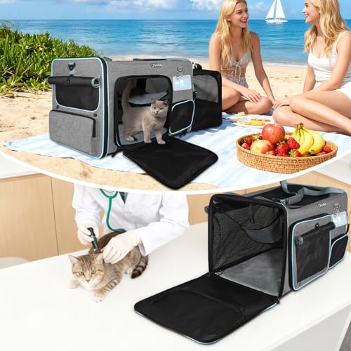 Side Expandable Extra Large Cat Carrier with Litter Box, Grey | 24"L x 17"W x 17"H, Privacy Curtain and Lockable Safety Zippers, for Long Distance Car Travel, Cats Under 55 lbs - color: grey