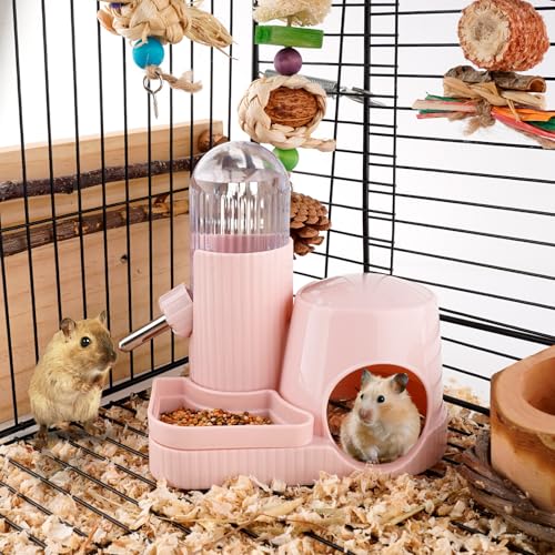 3 in 1 Multifunctional Hamster Water Bottle No Drip Gerbil 100ML Water Bottle Dispenser with Food Bowl Small Animal Auto Dispenser with Hideout Base Hamster Cage Accessories (Pink) - color: Pink