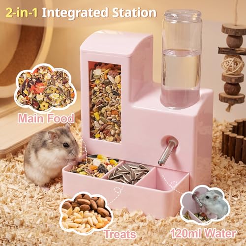 2 in 1 Hamster Water Bottle, No Drip 120ml Hamster Water Bottle, Gravity Hamster Food Bowl with Snack Bowl, Hamster Cage Accessories for Cage for Guinea Pigs
