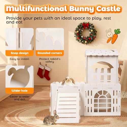 Large Rabbit House, Wooden Bunny Castle with 3 Houses Indoor, Rabbit Guinea Pig Cage Multistory Climbing Tower Sturdy Wooden Castle, Small Animal Hideaway Tunnel - size: 3 Houses