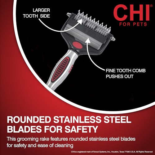 CHI for Dogs 2 in 1 Dematting and Deshedding Rake, Dual Head Dog Grooming Tool with Wide Tooth Dematting Rake and Fine Deshedding Rake, Detangler Comb for Thick Double and Long Dog Coat | Dual-head design, wide-tooth dematting and fine deshedding rakes, d