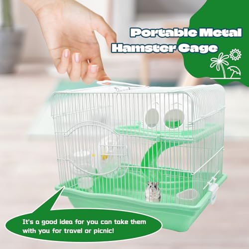 2-Tier Portable Hamster Cage and Habitats,Travel Metal Mouse Cages with Free Water Bottle,Houses and Exercise Wheel for Any Breed of Hamster and Small Animal (14.6x11.0x11.8inch Green) - color: 【Green】