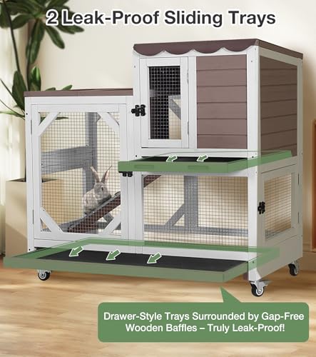 Rabbit Hutch 2-Story Wooden Bunny Cage with 2 Leak-Proof Sliding Trays, Chew-Proof Metal Mesh, Rainproof Cover, Indoor & Outdoor Guinea Pig House with Wheels - Brown - color: 39"L Brown