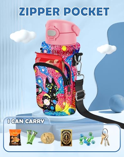 Water Bottle Carrier with Strap for Kids, 14-20 oz | Insulated, Neoprene Water Bottle Holder Bag with Pocket, Cute Cartoon, Bottle Bag for boys and girls, Walking Hiking Camping - color: Starry Sky Cat